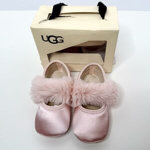 UGG Baby Light Pink Satin Faux Fur Fluff Trim Ballet Flats
